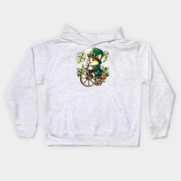 Corgi Riding a Vintage Cycle - St Patrick's Day Kids Hoodie by ANSAN